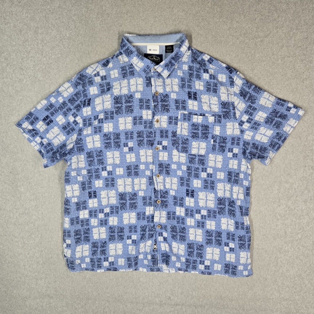 Nat Nast Men Button Up Shirt XXL Blue Cotton Silk Casual Shirt Geometric